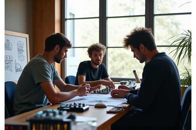 Team Ekko Eventyr som jobber lidenskapelig i et rent og moderne musikkstudio med nordisk design